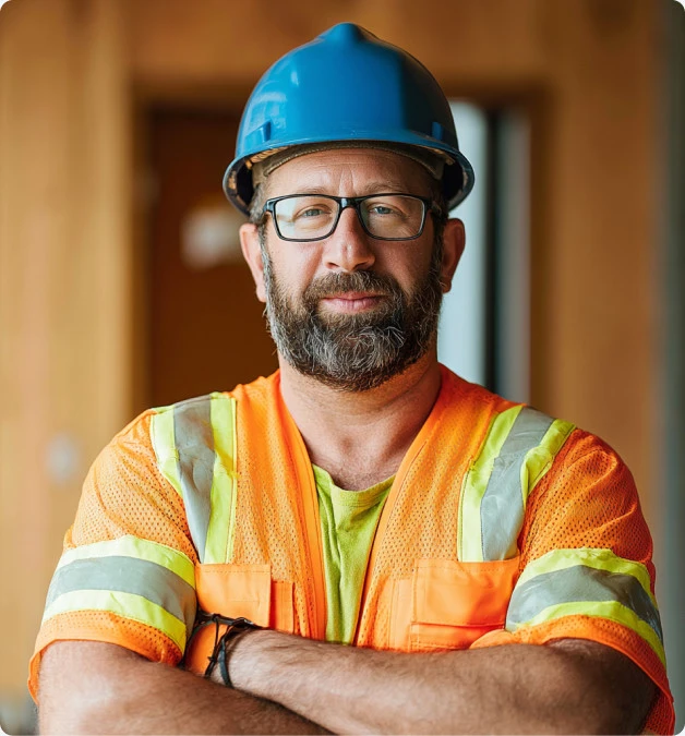 Bauleiter mit Helm und Warnweste auf einer Baustelle