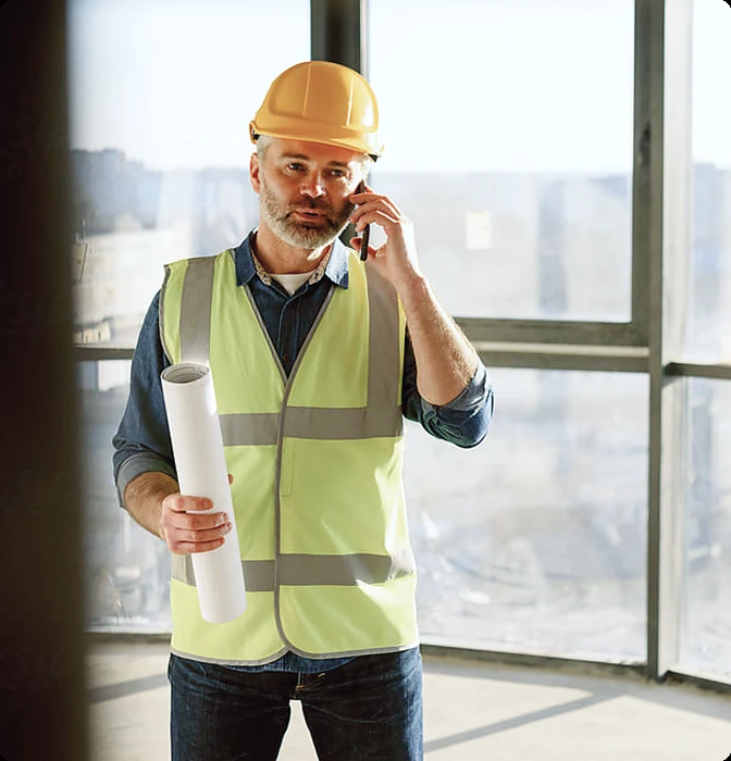 Bauleiter mit Helm und Warnweste telefoniert mit Bauplänen unter dem Arm in einem Rohbau